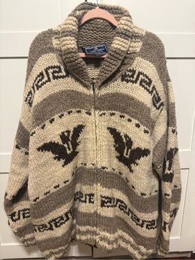 Ralph Lauren Sportsman Chunky Zip-Up Shawl Cardigan in Beige & Brown